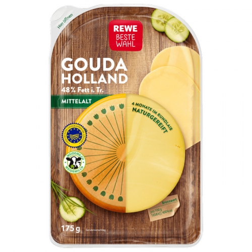 Gouda Holland mittelalt, Scheiben, April 2018