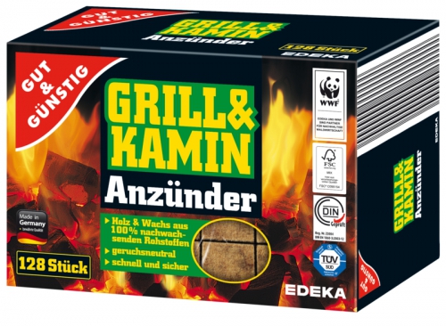 Grill- & Kaminanzünder aus Holz & Wachs, 128St, Januar 2018