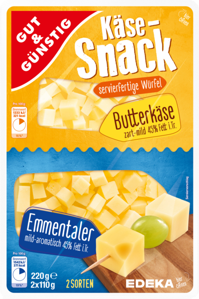 Käsesnack-Würfel Butterkäse + Emmentaler, 2x110g, Februar 2018